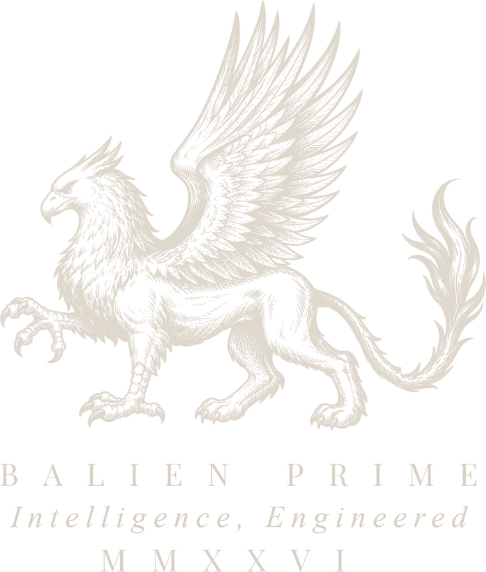 Balien Prime logo, a griffin above the words Balien Prime, Intelligence, Engineered, MMXXVI